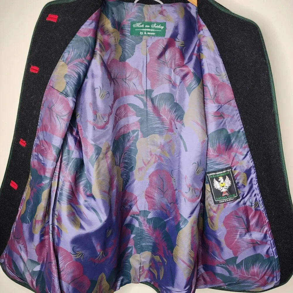 ​H Moser Salzburg Austria Trachten Boiled Wool Jacket Folk Floral Patchwork Med